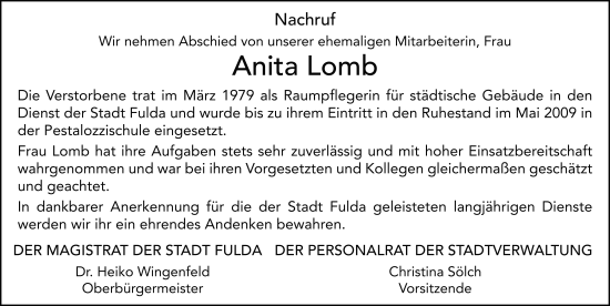 Traueranzeige von Anita Lomb von FZ