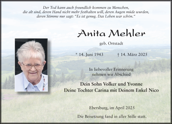 Traueranzeige von Anita Mehler von FZ