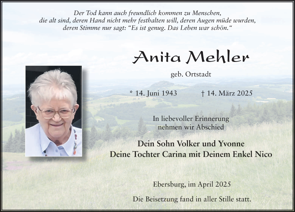  Traueranzeige für Anita Mehler vom 03.04.2025 aus FZ