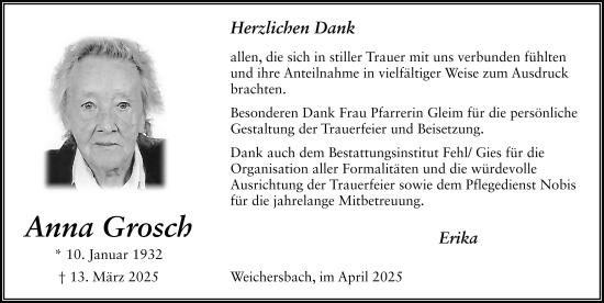 Traueranzeige von Anna Grosch von FZ