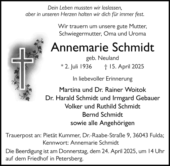 Traueranzeige von Annemarie Schmidt von FZ