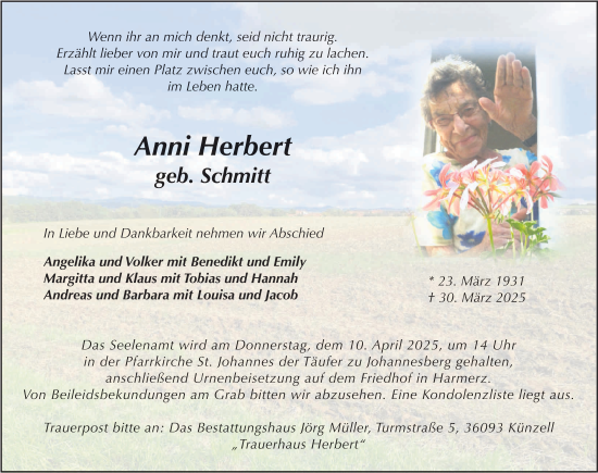 Traueranzeige von Anni Herbert von FZ