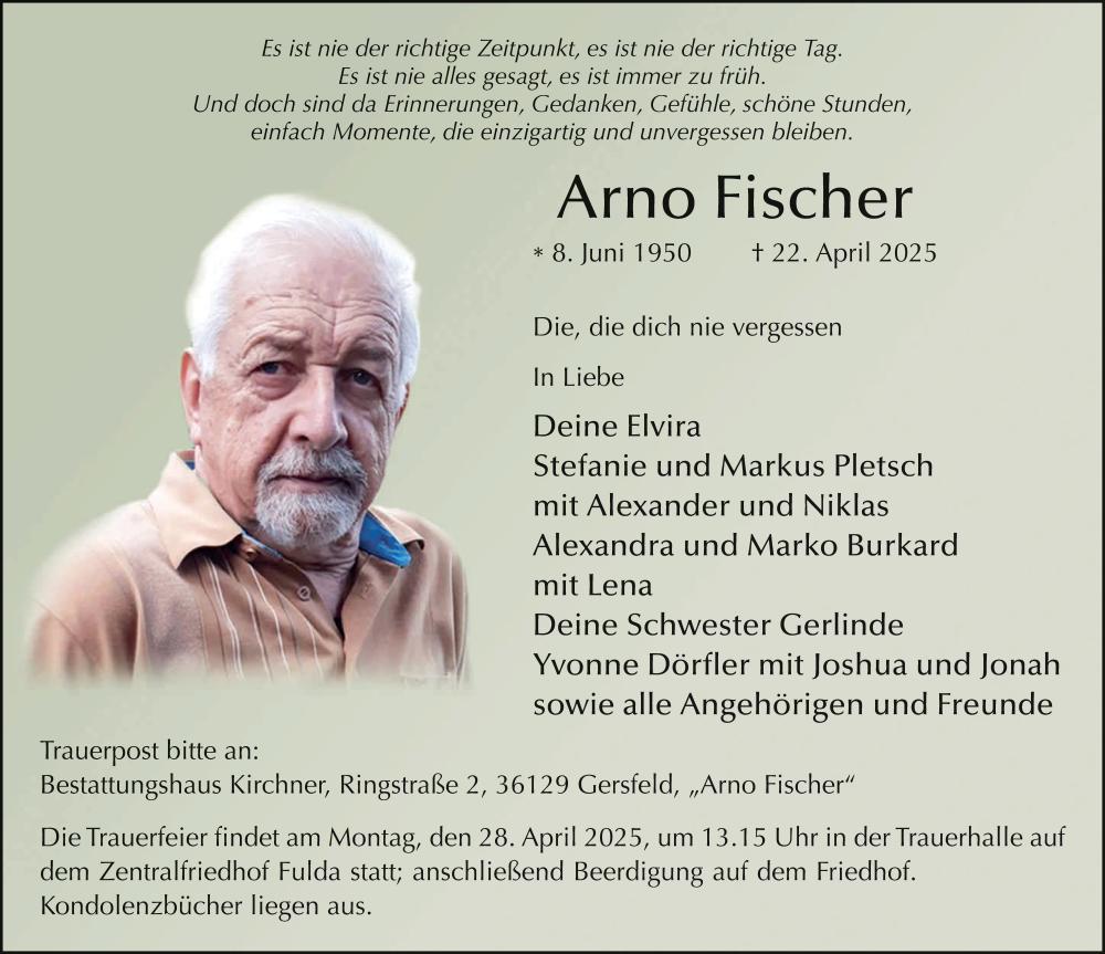  Traueranzeige für Arno Fischer vom 25.04.2025 aus FZ