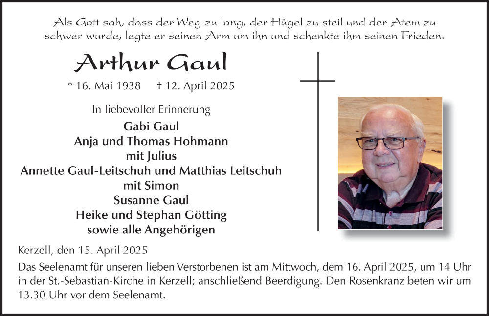 Traueranzeige für Arthur Gaul vom 15.04.2025 aus FZ