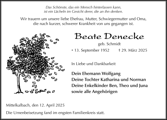 Traueranzeige von Beate Denecke von FZ