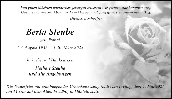 Traueranzeige von Berta Steube von FZ