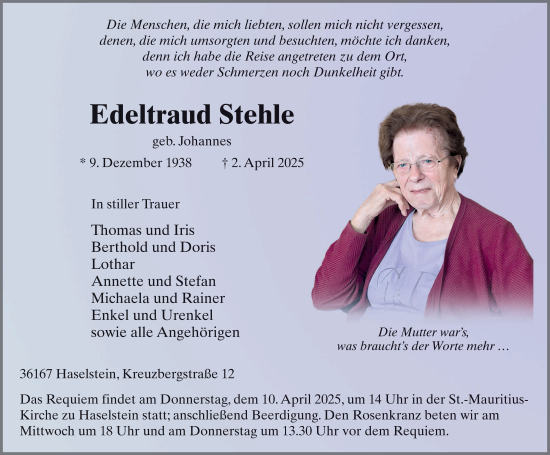 Traueranzeige von Edeltraud Stehle von FZ
