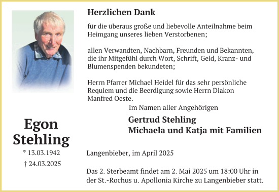 Traueranzeige von Egon Stehling von FZ
