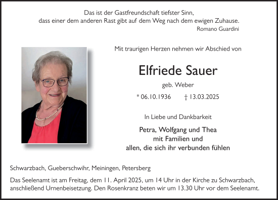 Traueranzeige von Elfriede Sauer von FZ