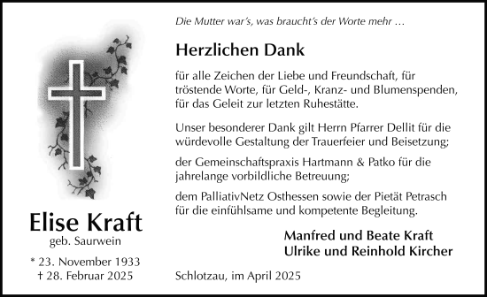 Traueranzeige von Elise Kraft von FZ