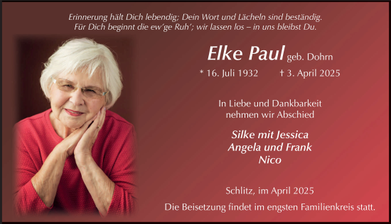 Traueranzeige von Elke Paul von FZ