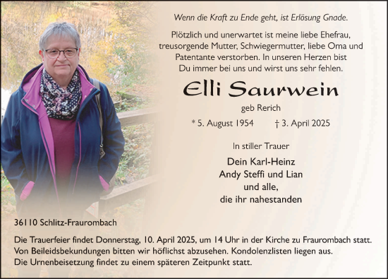 Traueranzeige von Elli Saurwein von FZ
