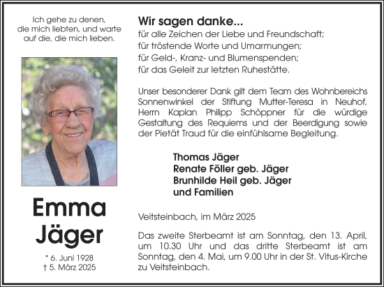 Traueranzeige von Emma Jäger von FZ