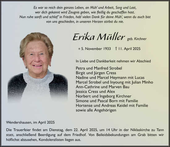 Traueranzeige von Erika Müller von FZ
