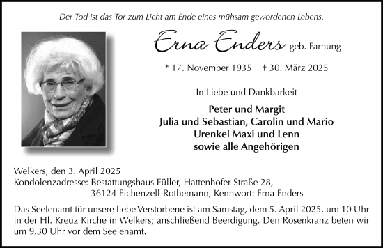 Traueranzeige von Erna Enders von FZ