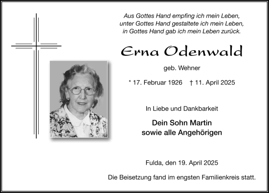Traueranzeige von Erna Odenwald von FZ