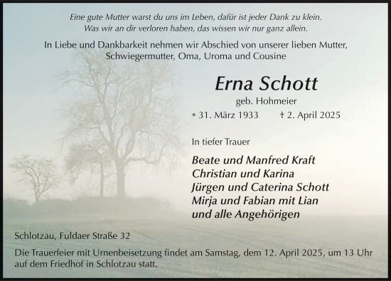 Traueranzeige von Erna Schott von FZ