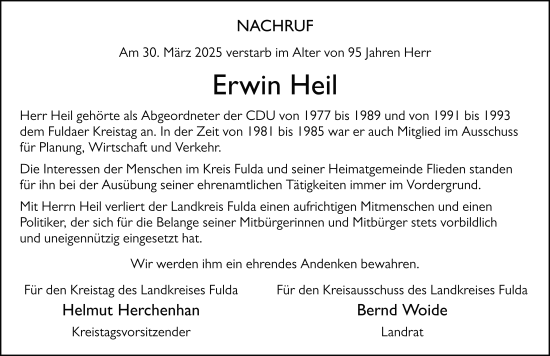 Traueranzeige von Erwin Heil von FZ