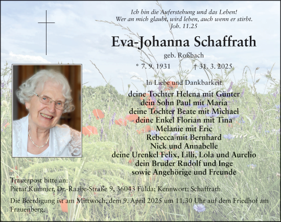 Traueranzeige von Eva-Johanna Schaffrath von FZ