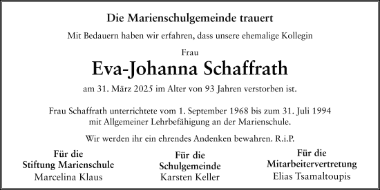 Traueranzeige von Eva-Maria Schaffrath von FZ