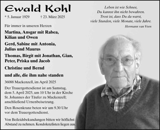 Traueranzeige von Ewald Kohl von FZ