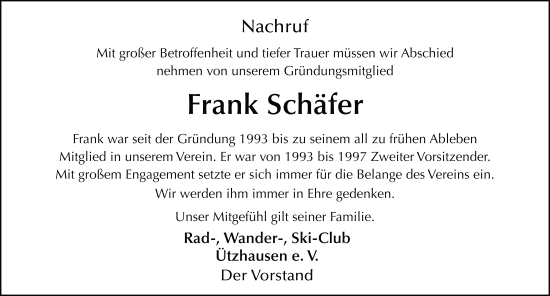 Traueranzeige von Frank Schäfer von FZ