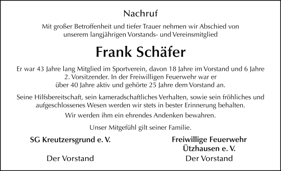 Traueranzeige von Frank Schäfer von FZ