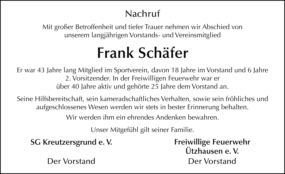  Traueranzeige für Frank Schäfer vom 02.04.2025 aus FZ