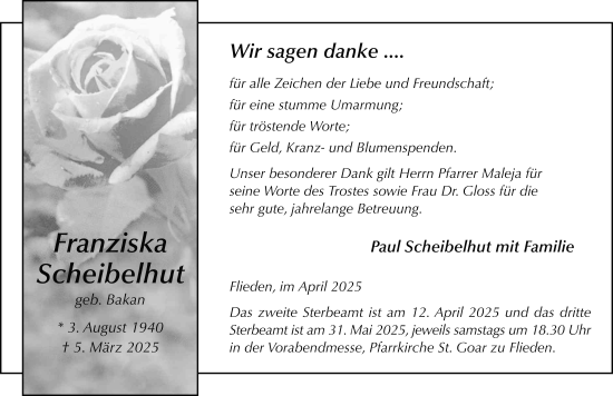 Traueranzeige von Franziska Scheibelhut von FZ