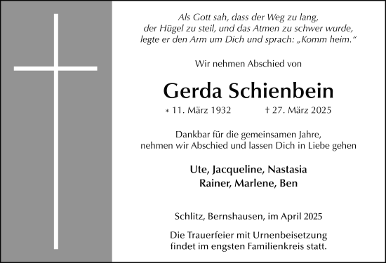 Traueranzeige von Gerda Schienbein von FZ