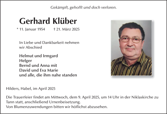 Traueranzeige von Gerhard Klüber von FZ