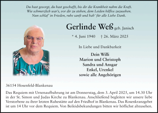 Traueranzeige von Gerlinde Weß von FZ