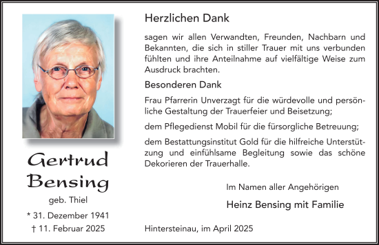 Traueranzeige von Gertrud Bensing von FZ