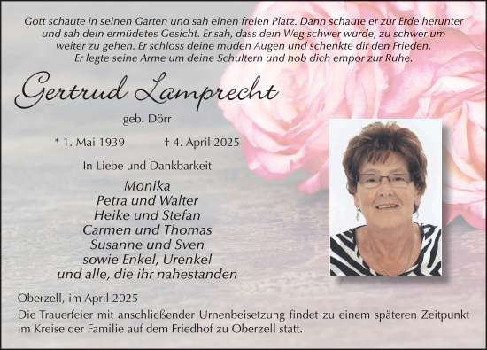Traueranzeige von Gertrud Lamprecht von FZ