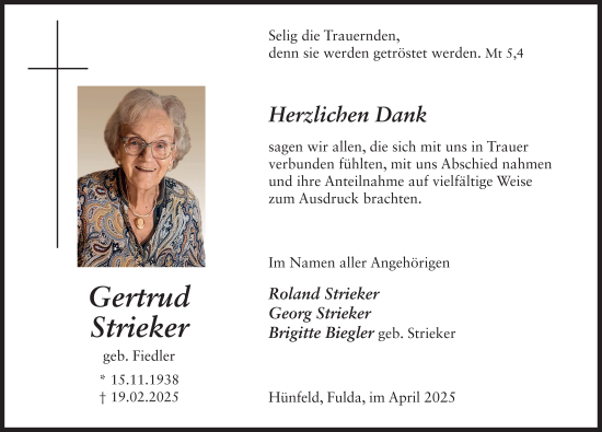Traueranzeige von Gertrud Strieker von FZ