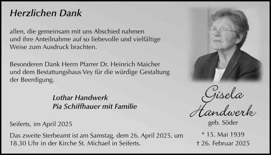 Traueranzeige von Gisela Handwerk von FZ