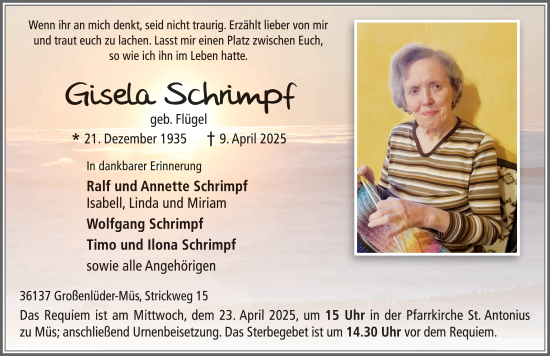 Traueranzeige von Gisela Schrimpf von FZ