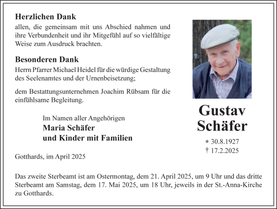 Traueranzeige von Gustav Schäfer von FZ