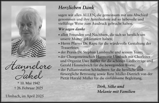 Traueranzeige von Hannelore Jakel von FZ