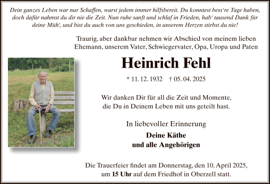 Traueranzeige von Heinrich Fehl von FZ