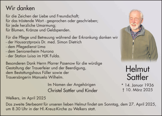 Traueranzeige von Helmut Sattler von FZ