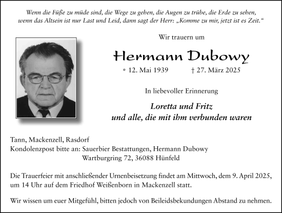 Traueranzeige von Hermann Dubowy von FZ