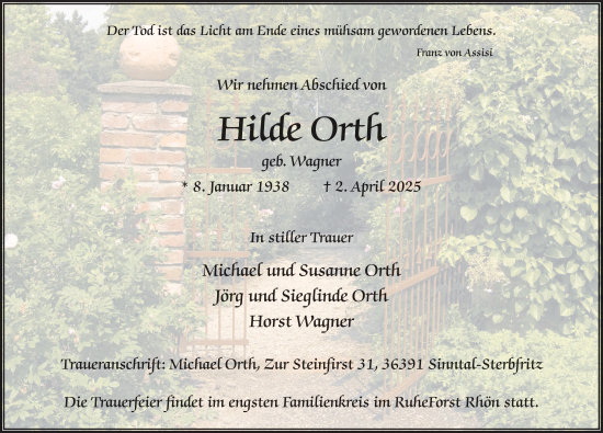 Traueranzeige von Hilde Orth von FZ
