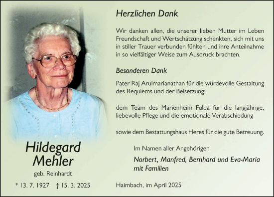 Traueranzeige von Hildegard Mehler von FZ