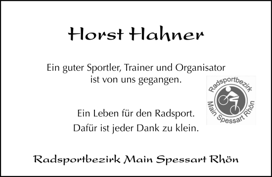 Traueranzeige von Horst Hahner von FZ