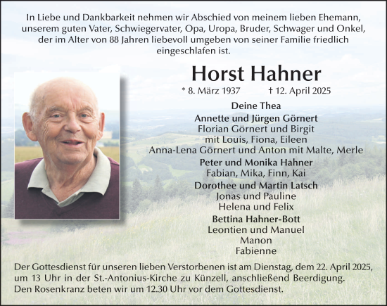 Traueranzeige von Horst Hahner von FZ