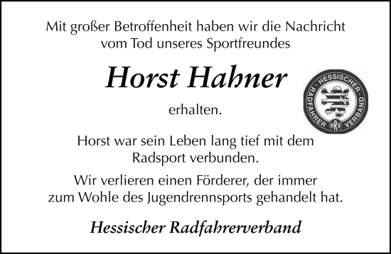 Traueranzeige von Horst Hahner von FZ