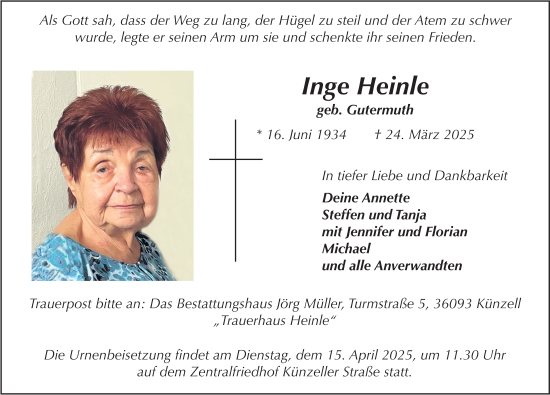 Traueranzeige von Inge Heinle von FZ