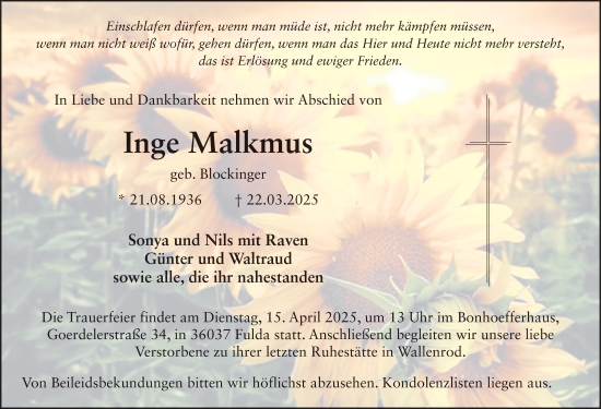 Traueranzeige von Inge Malkmus von FZ
