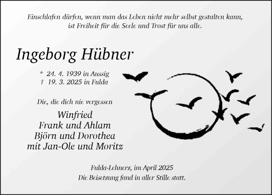 Traueranzeige von Ingeborg Hübner von FZ